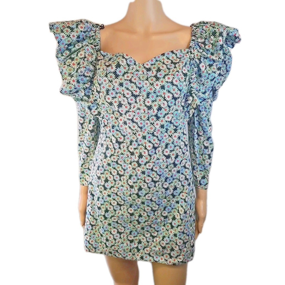Zara M Poplin Daisy Mini Dress Puff Sleeve Sweetheart Floral Cottagecore - Picture 3 of 8